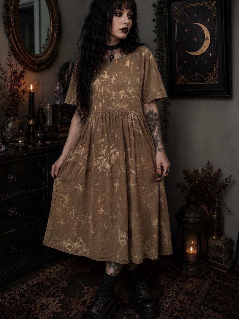 Disturbia Tie-Dye Midi Dress - Beige tan cream Goth Mystical print S / M